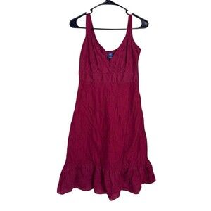 GAP Y2K Red Floral Embroidered Dress Tiered V Neck Baby Doll Size 2 Sleeveless